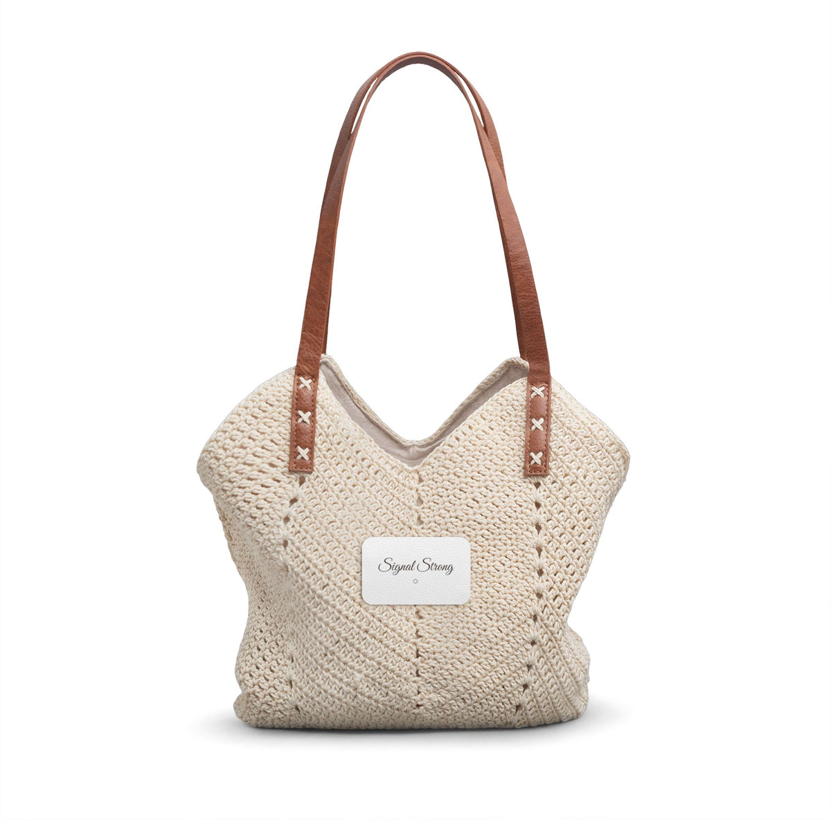 Signal Strong Woven Straw Shoulder Bag – Boho Crochet Tote with Leather Handles