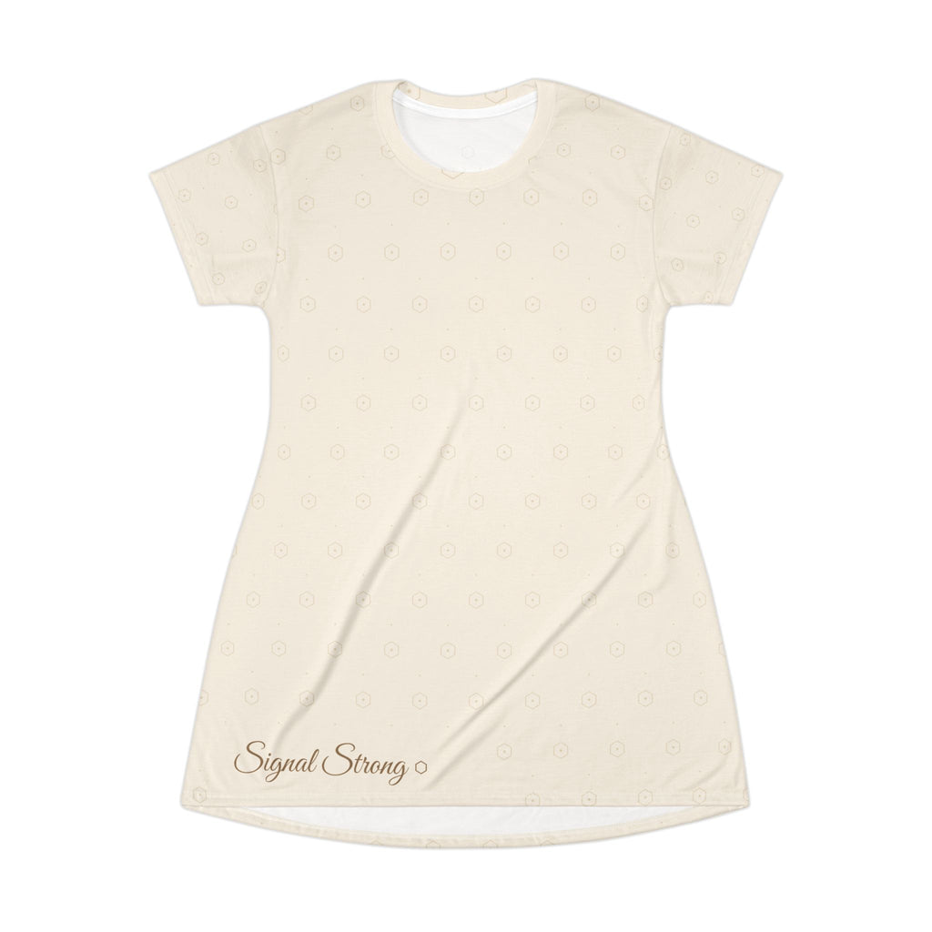 Signal Strong Cream All-Over Print T-Shirt Dress — Subtle Monogram & “Signal Strong” Accent