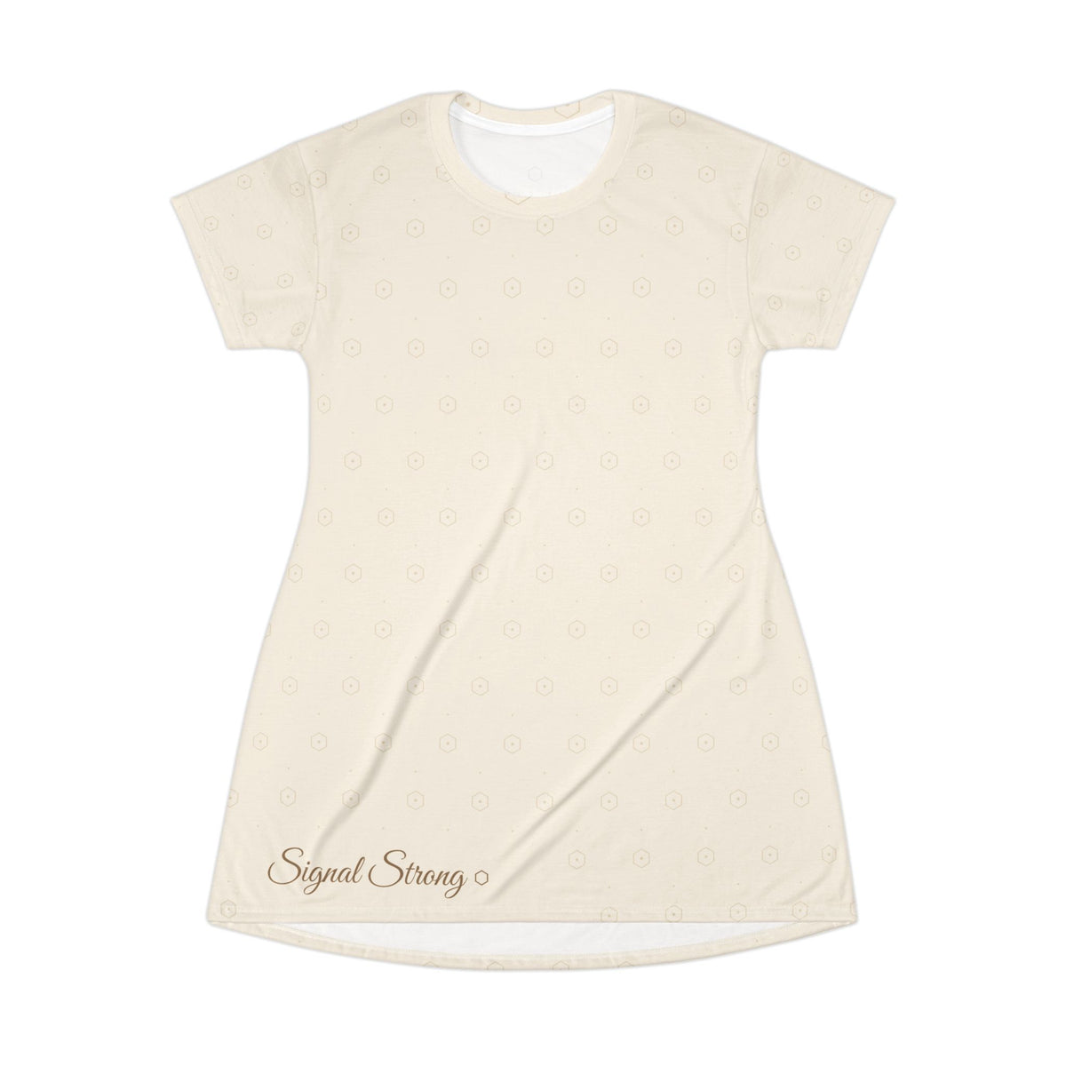 Signal Strong Cream All-Over Print T-Shirt Dress — Subtle Monogram & “Signal Strong” Accent