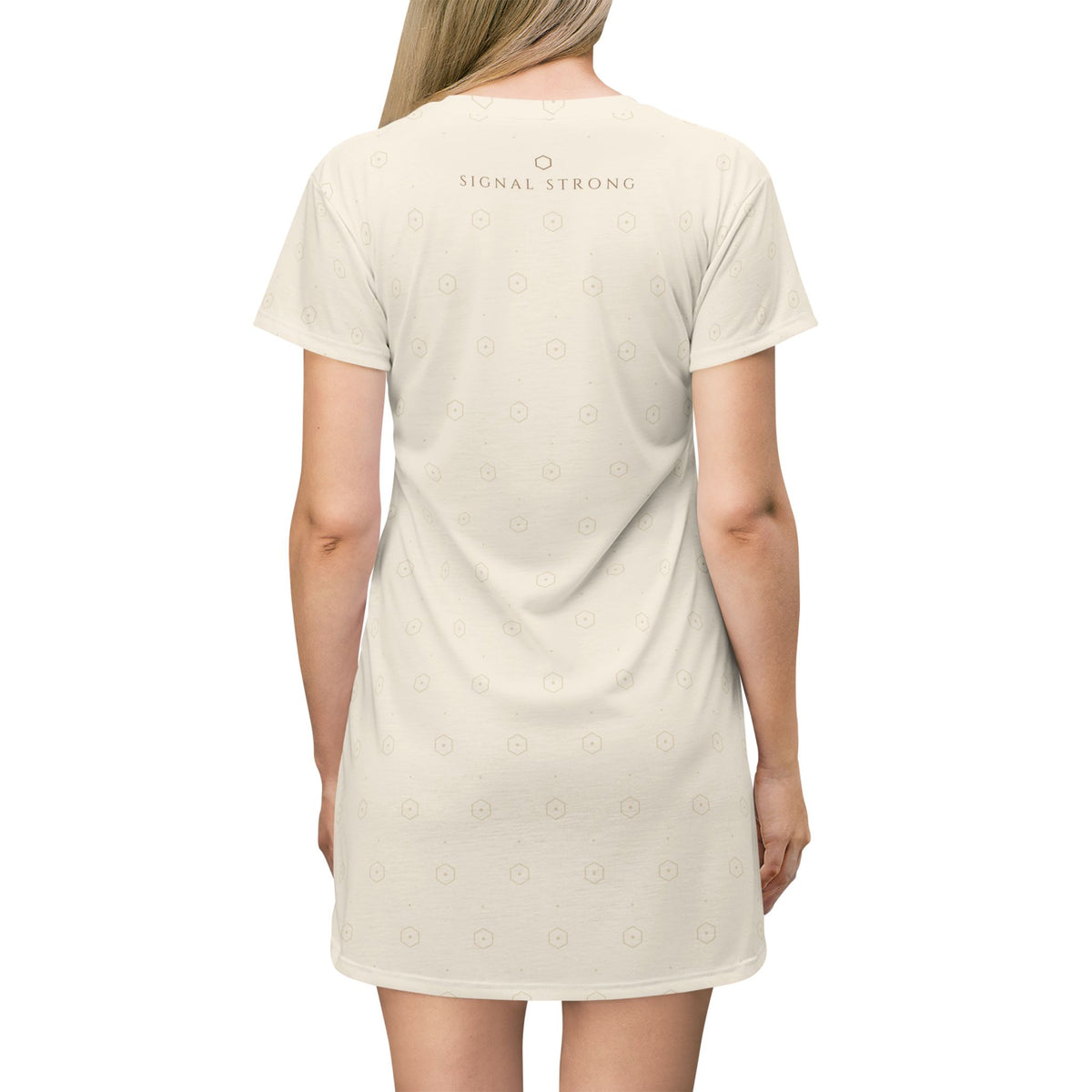 Signal Strong Cream All-Over Print T-Shirt Dress — Subtle Monogram & “Signal Strong” Accent