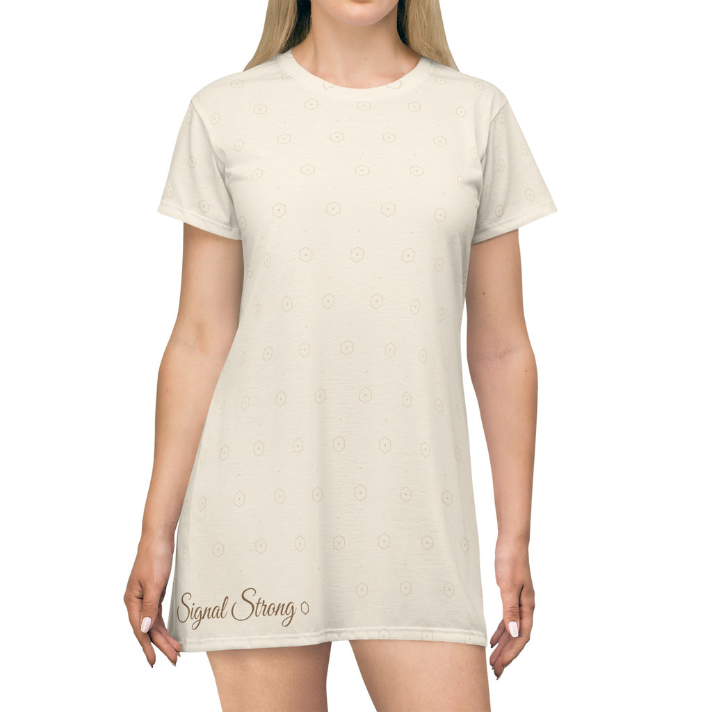 Signal Strong Cream All-Over Print T-Shirt Dress — Subtle Monogram & “Signal Strong” Accent