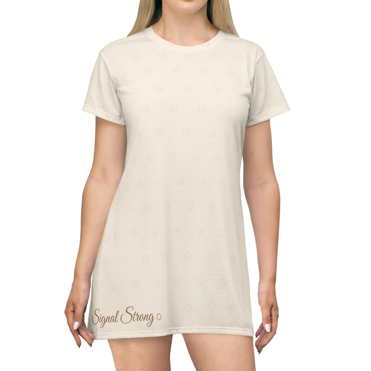 Signal Strong Cream All-Over Print T-Shirt Dress — Subtle Monogram & “Signal Strong” Accent