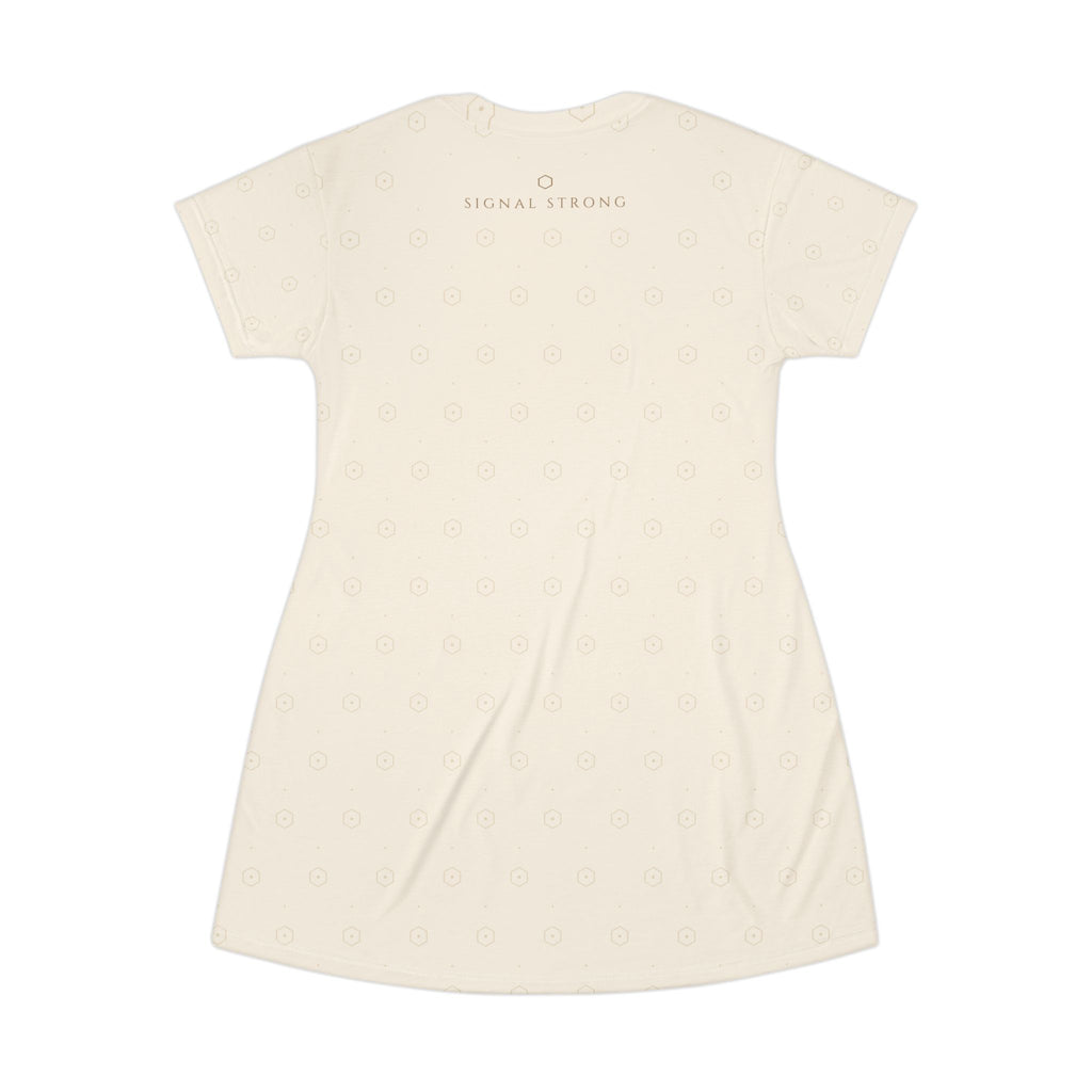 Signal Strong Cream All-Over Print T-Shirt Dress — Subtle Monogram & “Signal Strong” Accent