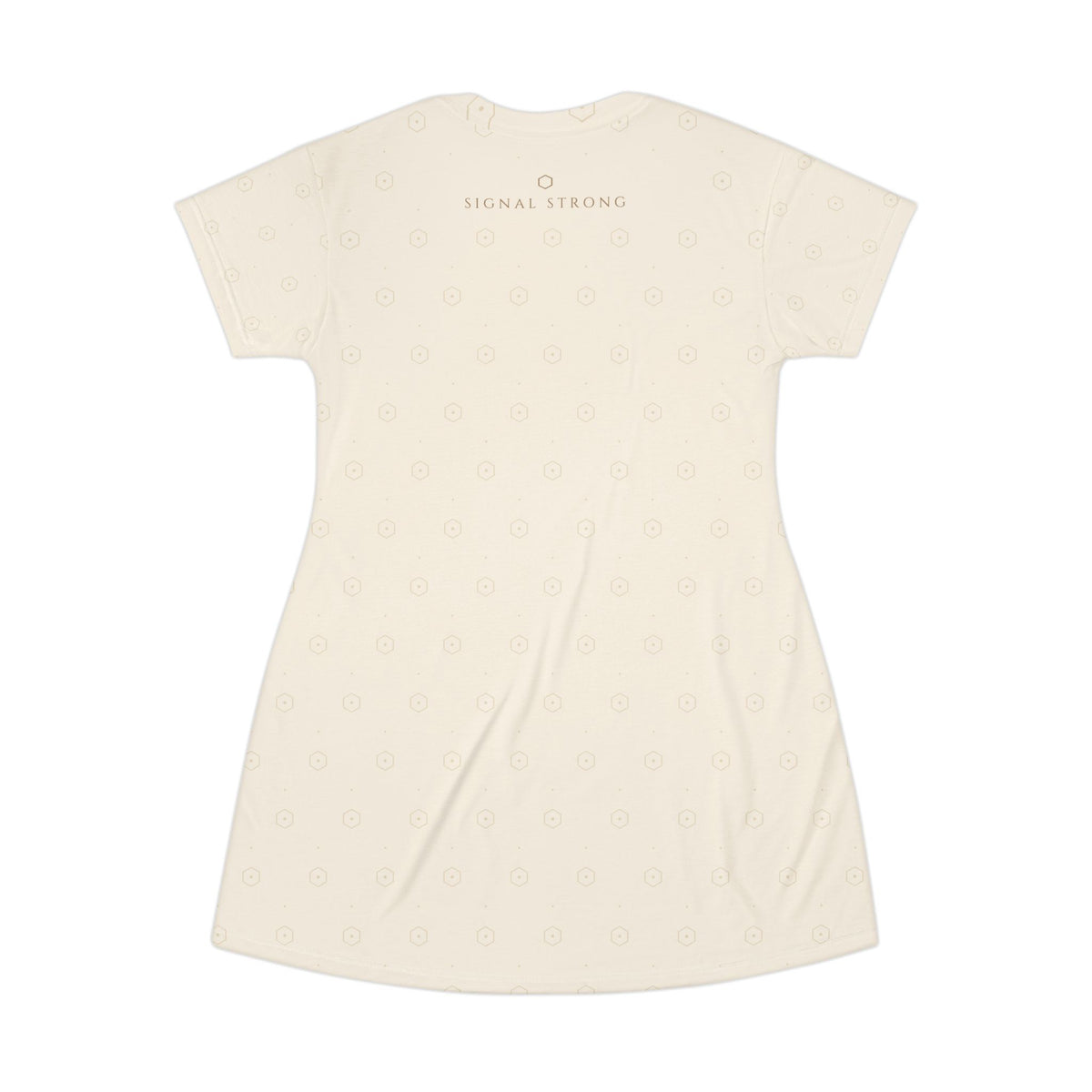 Signal Strong Cream All-Over Print T-Shirt Dress — Subtle Monogram & “Signal Strong” Accent
