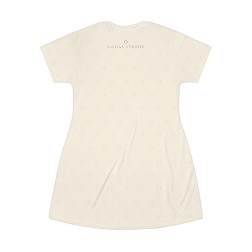 Signal Strong Cream All-Over Print T-Shirt Dress — Subtle Monogram & “Signal Strong” Accent