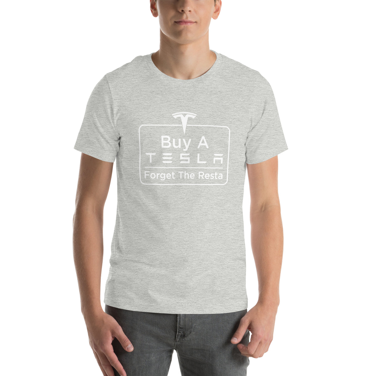 Buy A Tesla unisex t-shirt Athletic Heather men's front