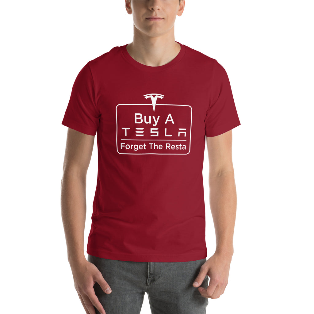 Buy A Tesla unisex t-shirt Cardinal men's front