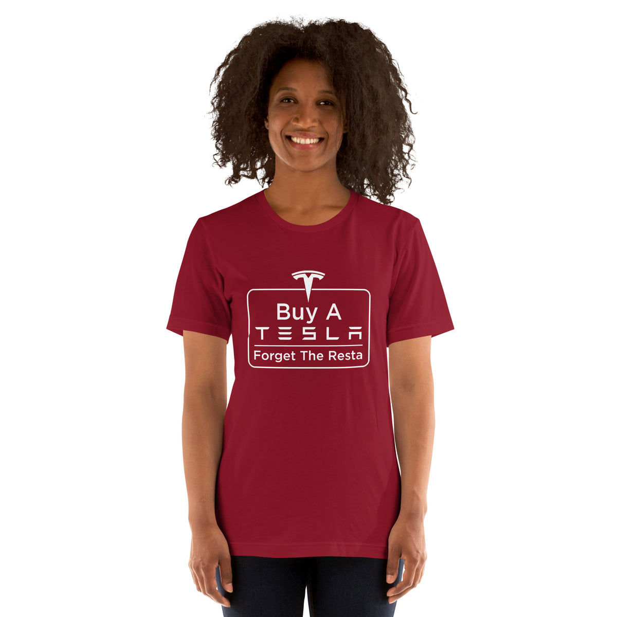 Buy A Tesla unisex t-shirt Cardinal women's front