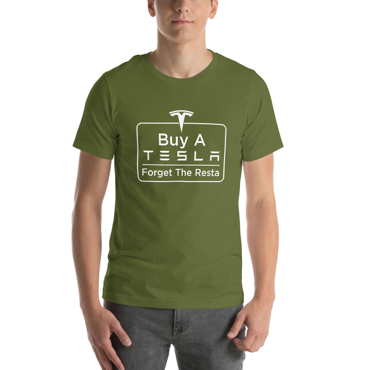 Buy A Tesla unisex t-shirt Olive men's front