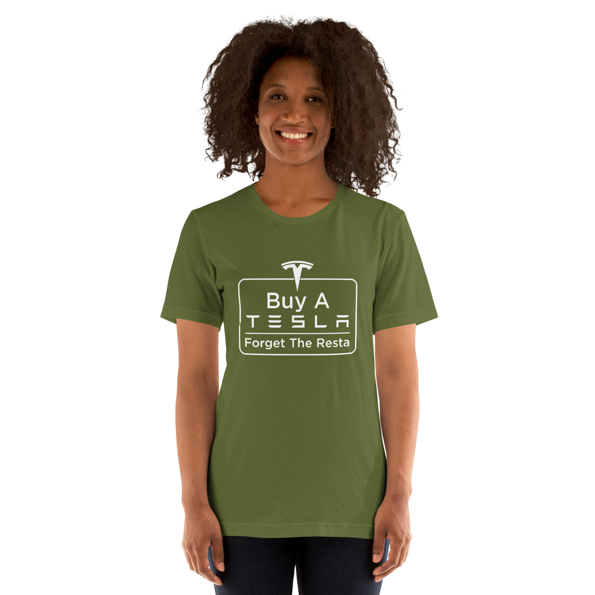 Buy A Tesla unisex t-shirt Olive women's front